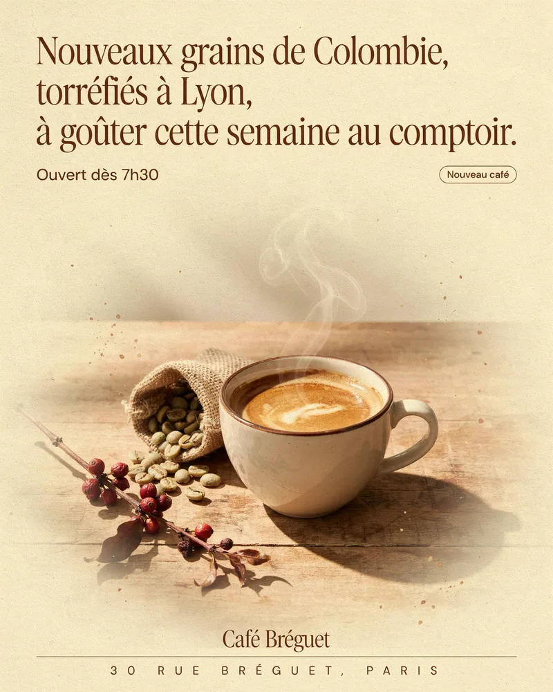 Café Bréguet : Nouveaux grains de Colombie, torréfiés à Lyon. Passez goûter, on vous dira tout.