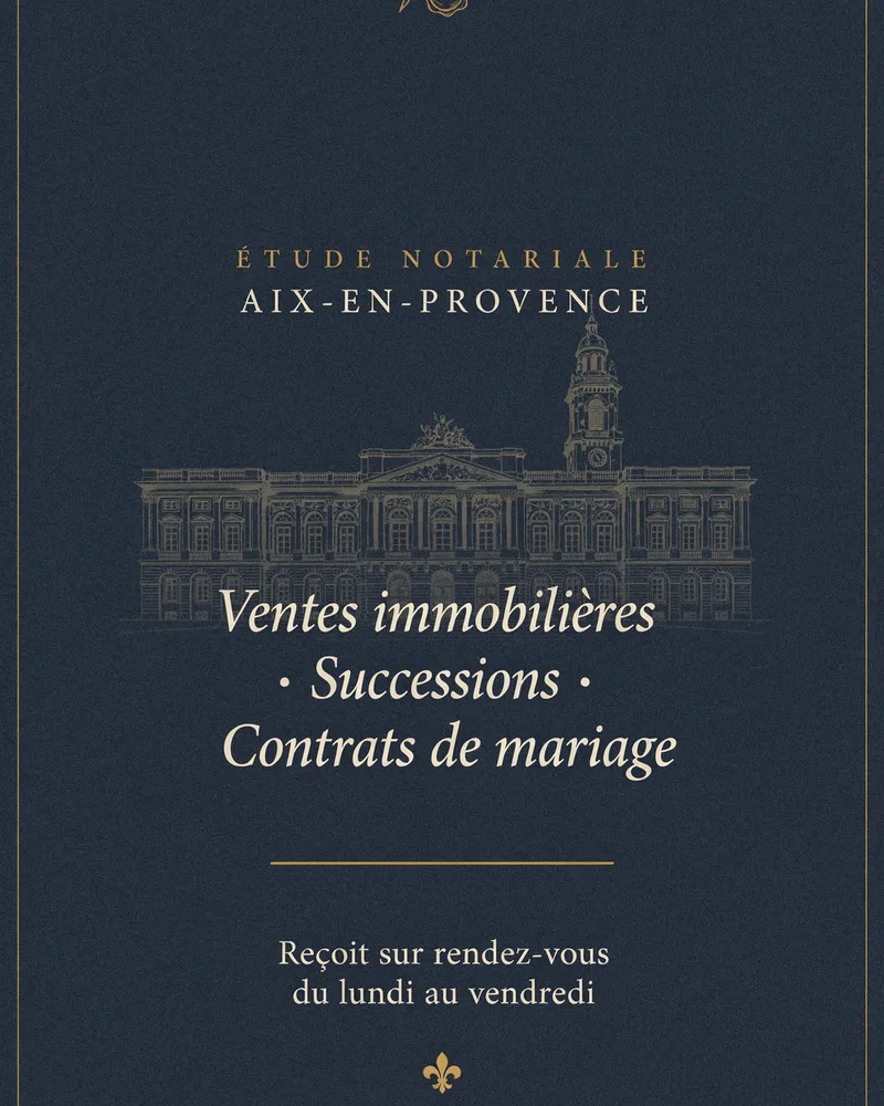 Étude notariale d'Aix-en-Provence : Ventes immobilières, successions, contrats de mariage. L'étude reçoit sur rendez-vous, du lundi au vendredi.
